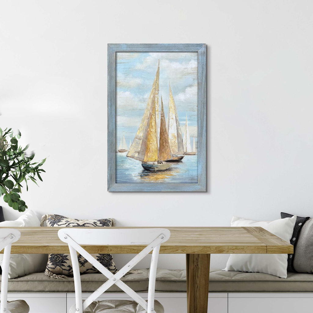 Ocean Nautical Sailboat Wall Art: Coastal Wooden Framed Sea Boat Rustic Seascape Texture Painting Prints Seaside