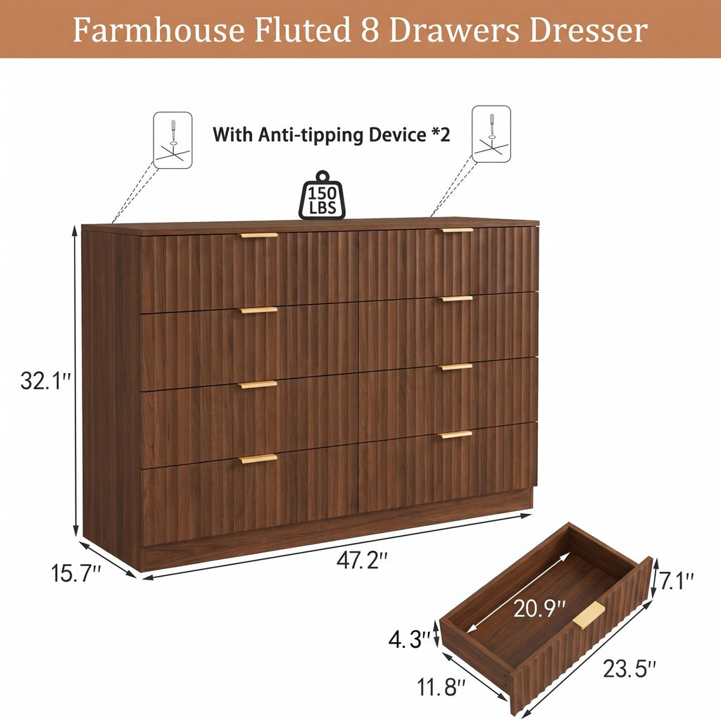 47.2" Wide Fluted 8 Drawer Dresser, Walnut