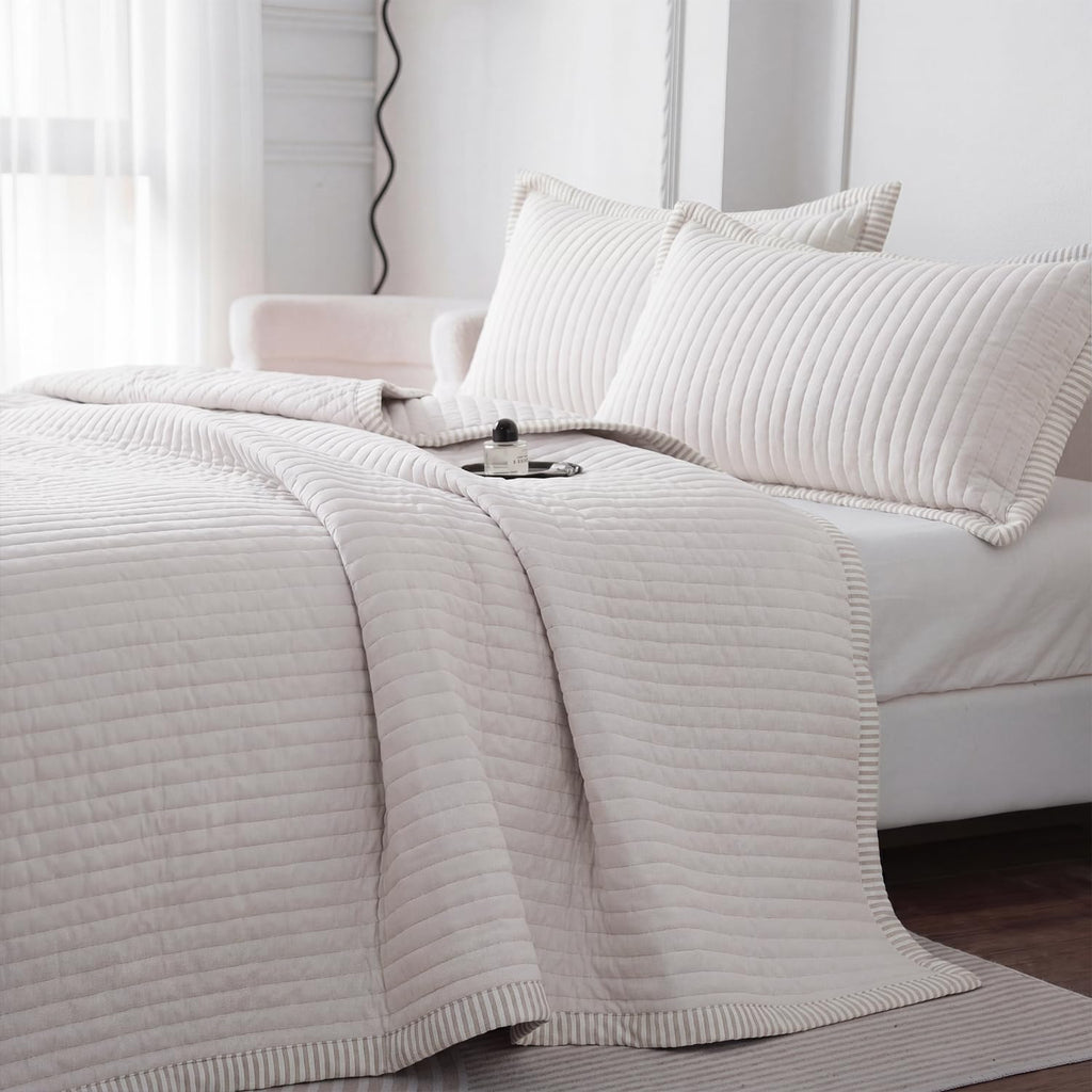 Beige Quilt Set, Striped Quilt Set Lightweight Microfiber Bedspread Coverlet, Farmhouse Bedding with Pillow