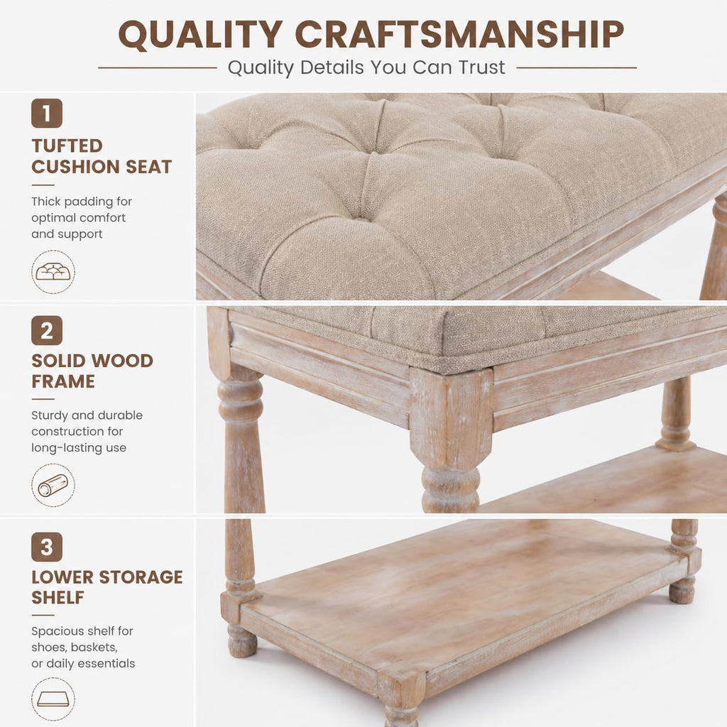 Storage Bench 31.5" W Button Tufted Small Entryway Bench with Wooden Shoes Rack End of Bed Bench with Fabric Linen
