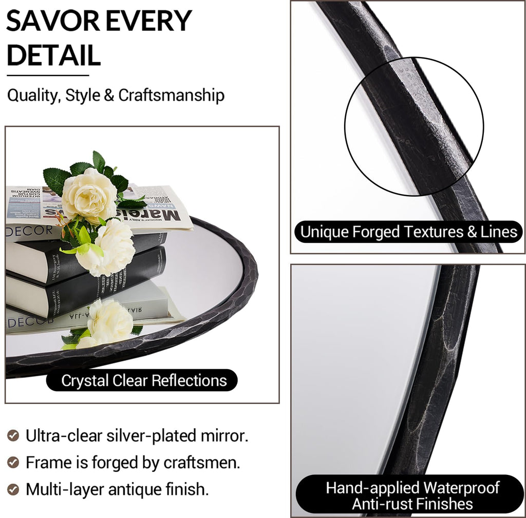 Hand-Forged Black Round Mirror for Wall, 30 Inch Solid Steel Metal Frame Circle Mirror, Antique Rounded Hammered