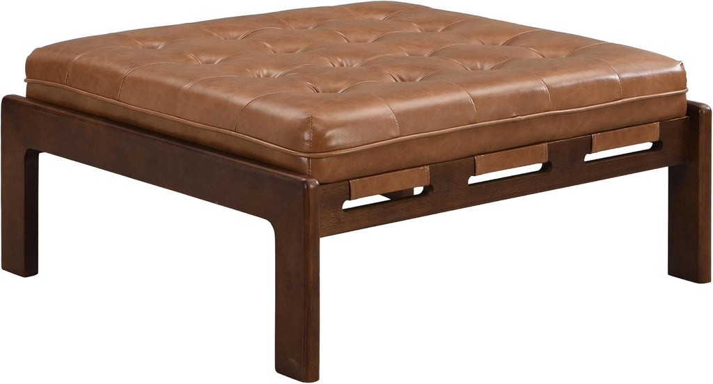 Yorick Modern Square Faux Leather Upholstered Living Room Cocktail Ottoman/Coffee Table, Rubberwood Frame, Tufted