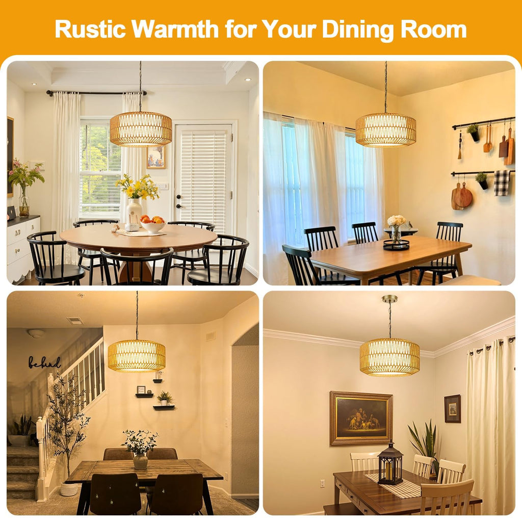 19" Rattan Chandelier, Gold Boho Dining Room Light Fixture