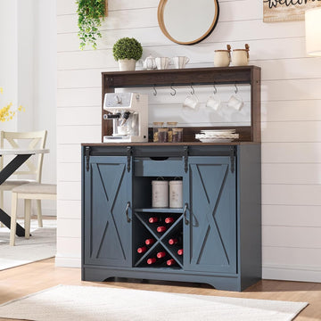 Farmhouse Coffee Bar Cabinet with Charging Station and USB, Blue | 39" Kitchen Hutch Sideboard Buffet with Sliding