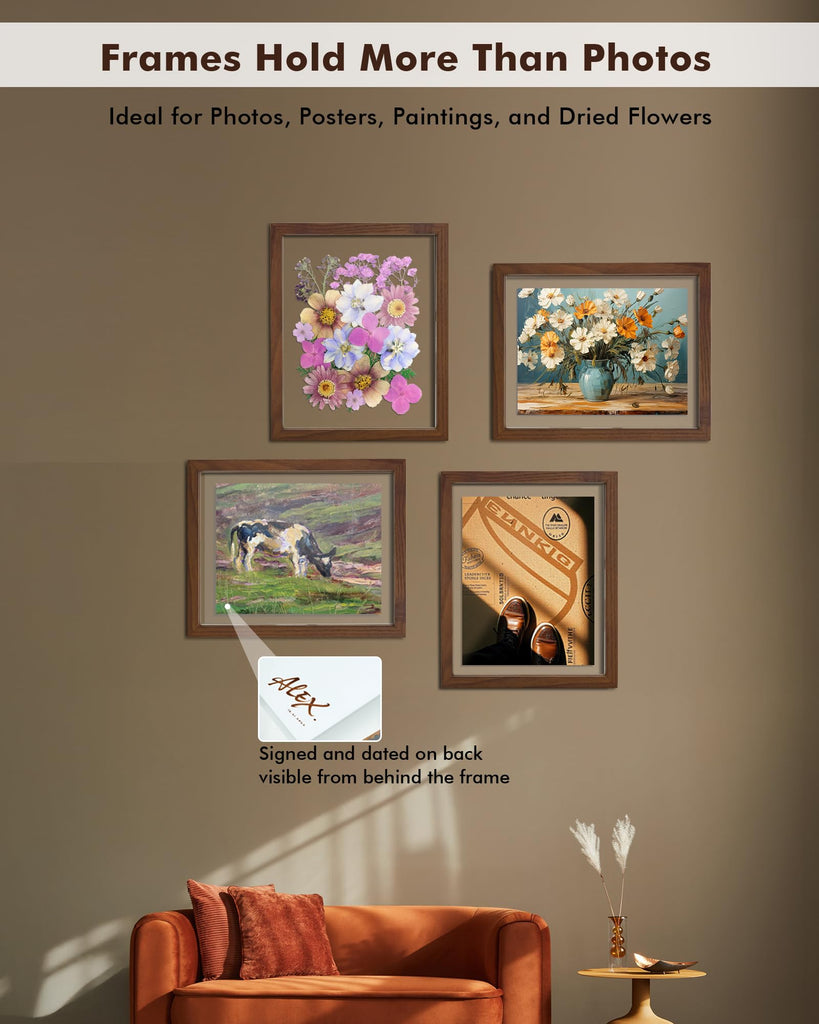 8x10 Floating Photo Picture Frame, Floating Display 6x8, 5x7, or Full Display 8x10 Photos, Solid Wood, Double Glass, 2