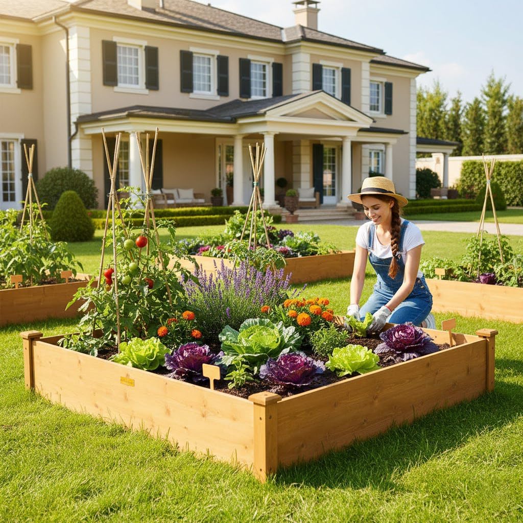 4x4 Raised Garden Bed Wood Frame Planters Wooden Elevated Planting Planter Box for Outdoor Herb Vegetables Flowers