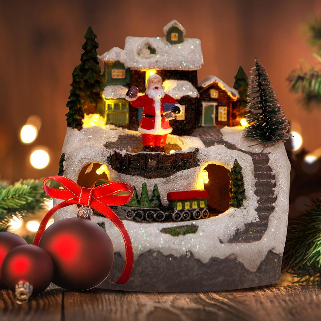 Christmas Decorations Village House Resin Collectible Building Figurines Revolving Train Musical Snow Globe 8 Music