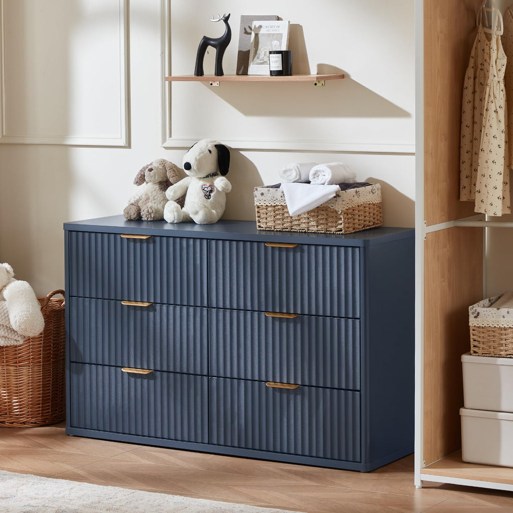 Fluted 6 Drawers Dresser, 48" Wide Modern Chest of Drawers with Wood Grain Top, Curved Profile Design, Dresser TV