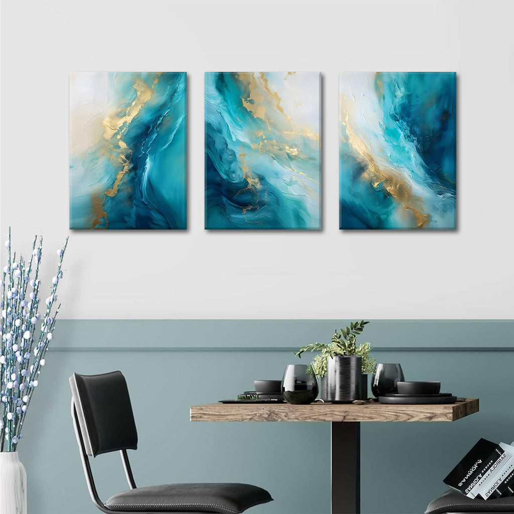 Teal Gold Canvas Wall Art Set of 3 Abstract Aqua Blue Gold Marble Fluid Wall Decor Pictures Neutral Modern Minimalist
