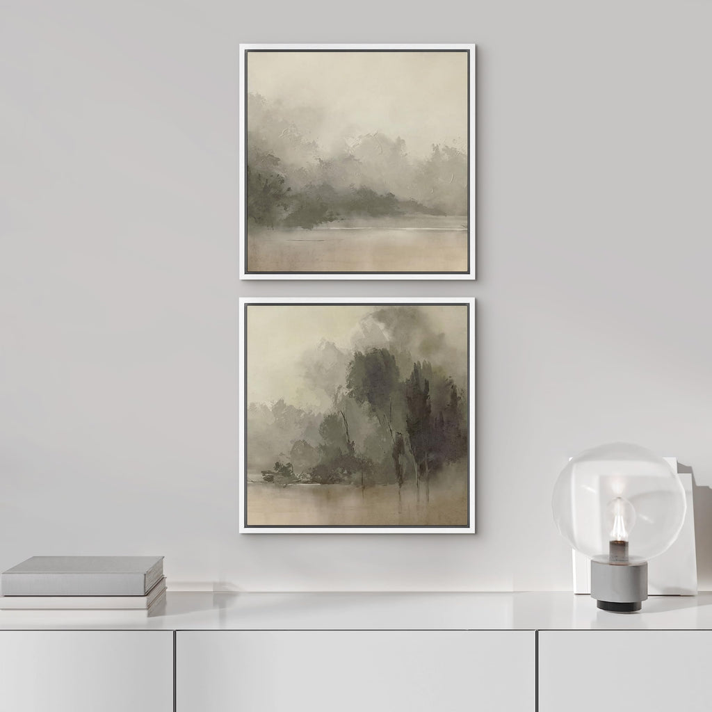 Framed Canvas Print Wall Art Set Mystic River Fog Waterfront Nature Illustrations Modern Art Minimal Relax/Calm