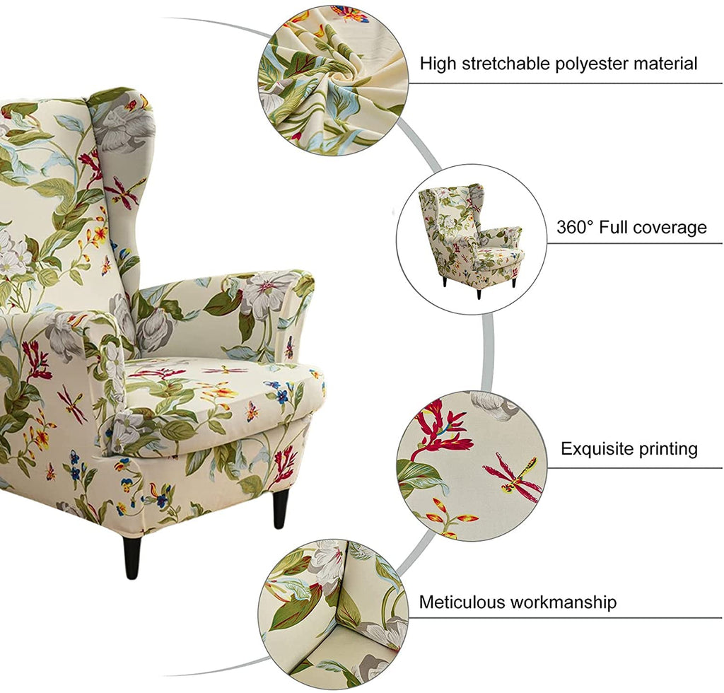 Wingback Chair Slipcover 2 Piece Stretch Printed Wing Chair Cover with Cushion Cover Thick Spandex Full Protection
