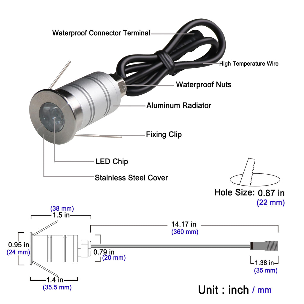 LED In-Ground Well Light,Mini 15° Narrow Beam Angle Spotlight,1W 12V-24V DC,IP67 Waterproof Underground Outdoor