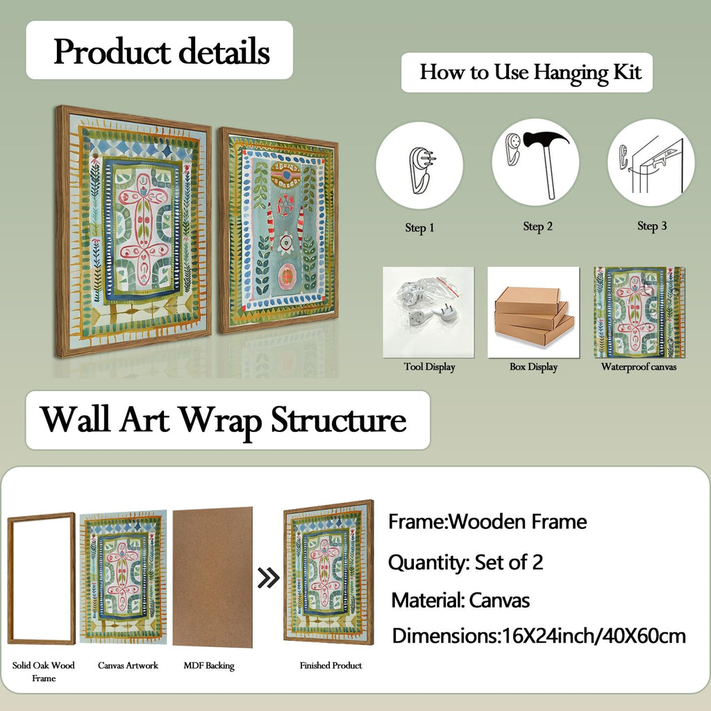 Framed Boho Wall Art Set of 2, Sage Green Botanical Pictures Wall Decor, Abstract Folk Art Paintings Canvas Prints