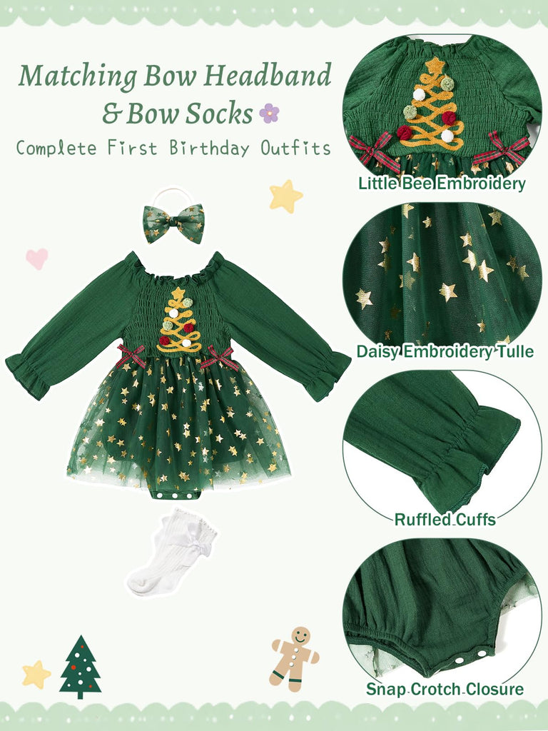 Baby Girl 1st Birthday Outfit Long Sleeve Christmas Romper Dress Cake Smash Clothes with Headband