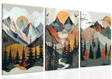 Mountain Canvas Wall Art Set of 3, Boho Sun Forest Abstract Nature Landscape Artwork Wall Decor, Watercolor Posters