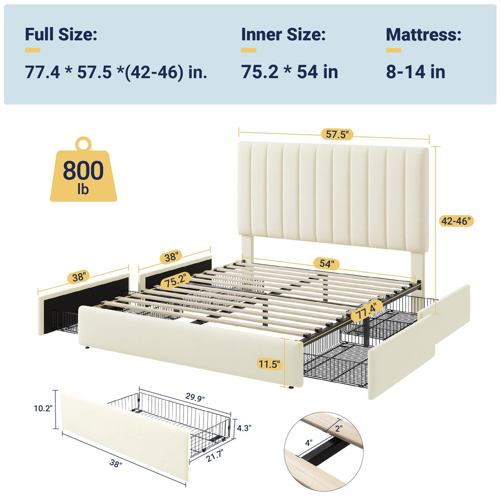 Full Size Storage Bed Frame, Vertical Channel Tufted Adjustable Headboard, Velvet Upholstered Platform Bed with 4