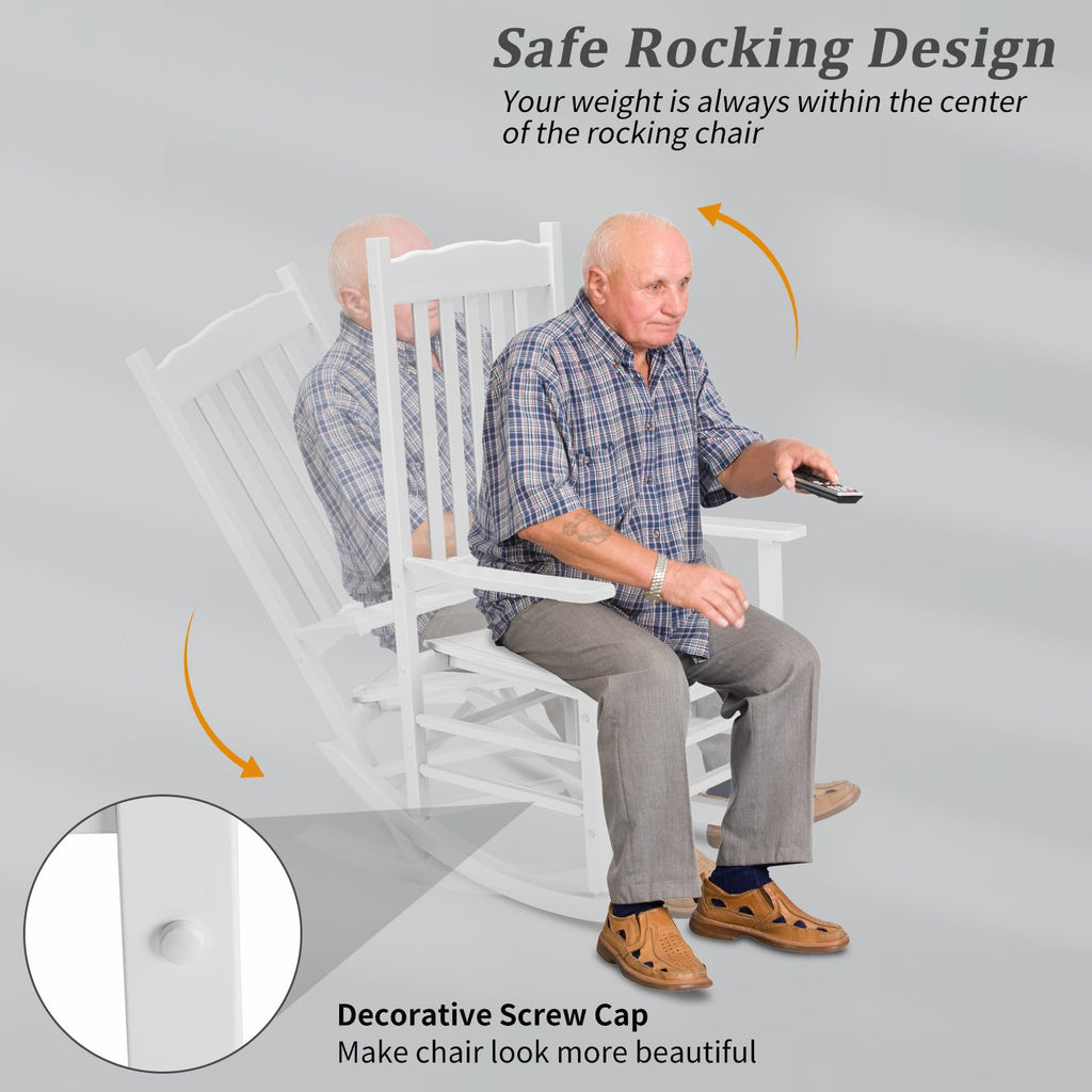 Outdoor Rocking Chair, Solid Wood High Back Rocker, White