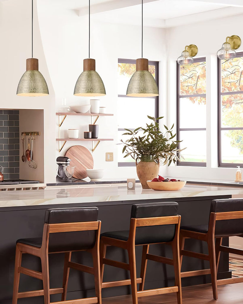 Hammered Pendant Lights for Kitchen Island, 7" Small Solid Wood Vintage Metal Hanging Light Fixture Adjustable Height