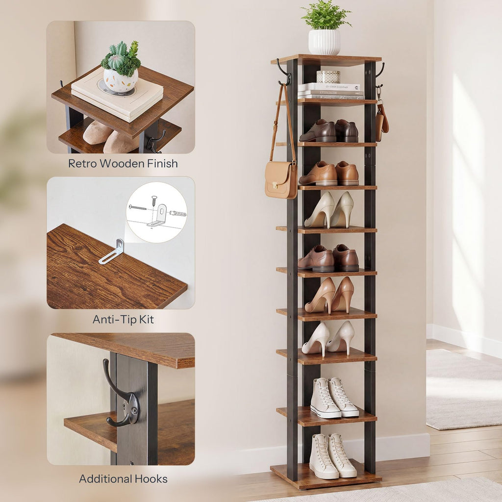 10 Tiers Vertical Shoe Rack, Wooden Shoe Storage Organizer with Hooks, Narrow Shoe Tower for 10 Pairs, Space Saving