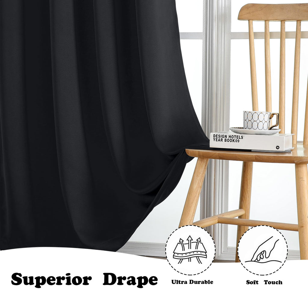 Halloween Black Blackout Curtains 108 Inches Long 2 Panels Set, Solid Thermal Insulated Room Darkening Grommet Window