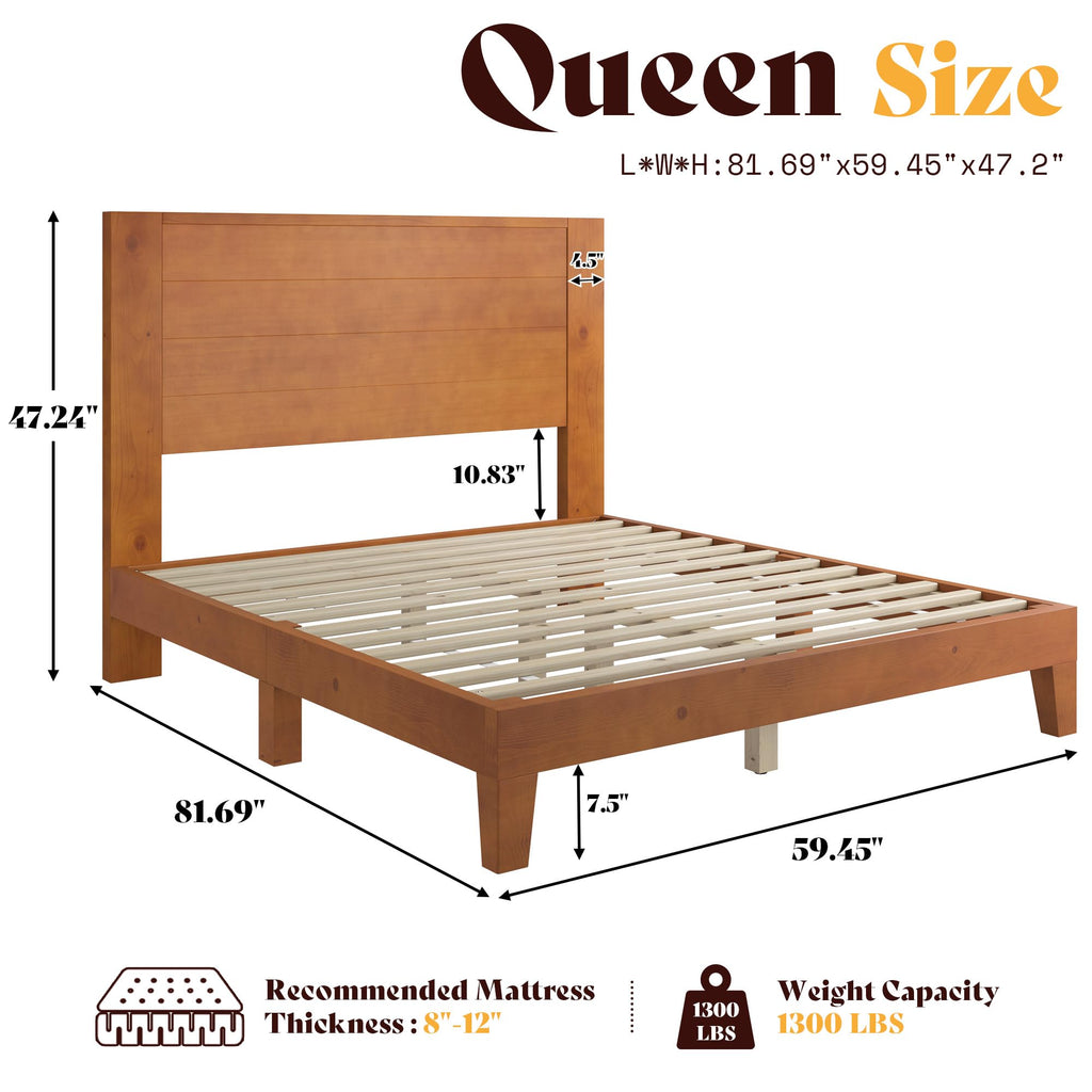 Queen Size Solid Wood Platform Bed with Mid Century Style, Brown