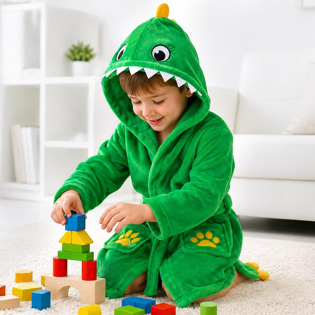 Toddler Dinosaur Lamb Hooded Bathrobe - Soft Flannel Robe with Tail, Belt & Pockets, Cozy Robe for Kids