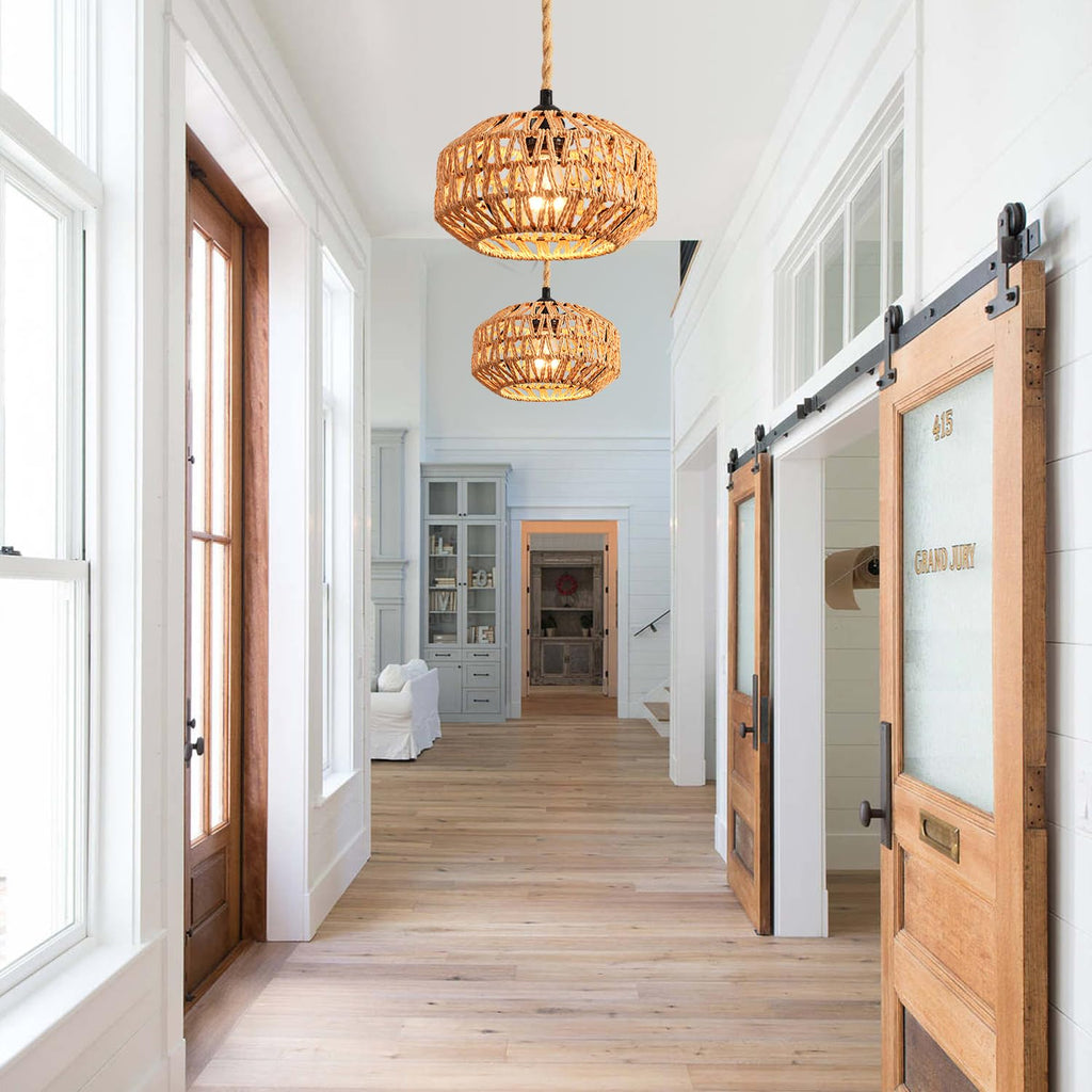 2 Pack Plug in Pendant Light Rattan Hanging Lamp with Switch, Mini Rattan Boho Semi Flush Mount Ceiling Light, Hand
