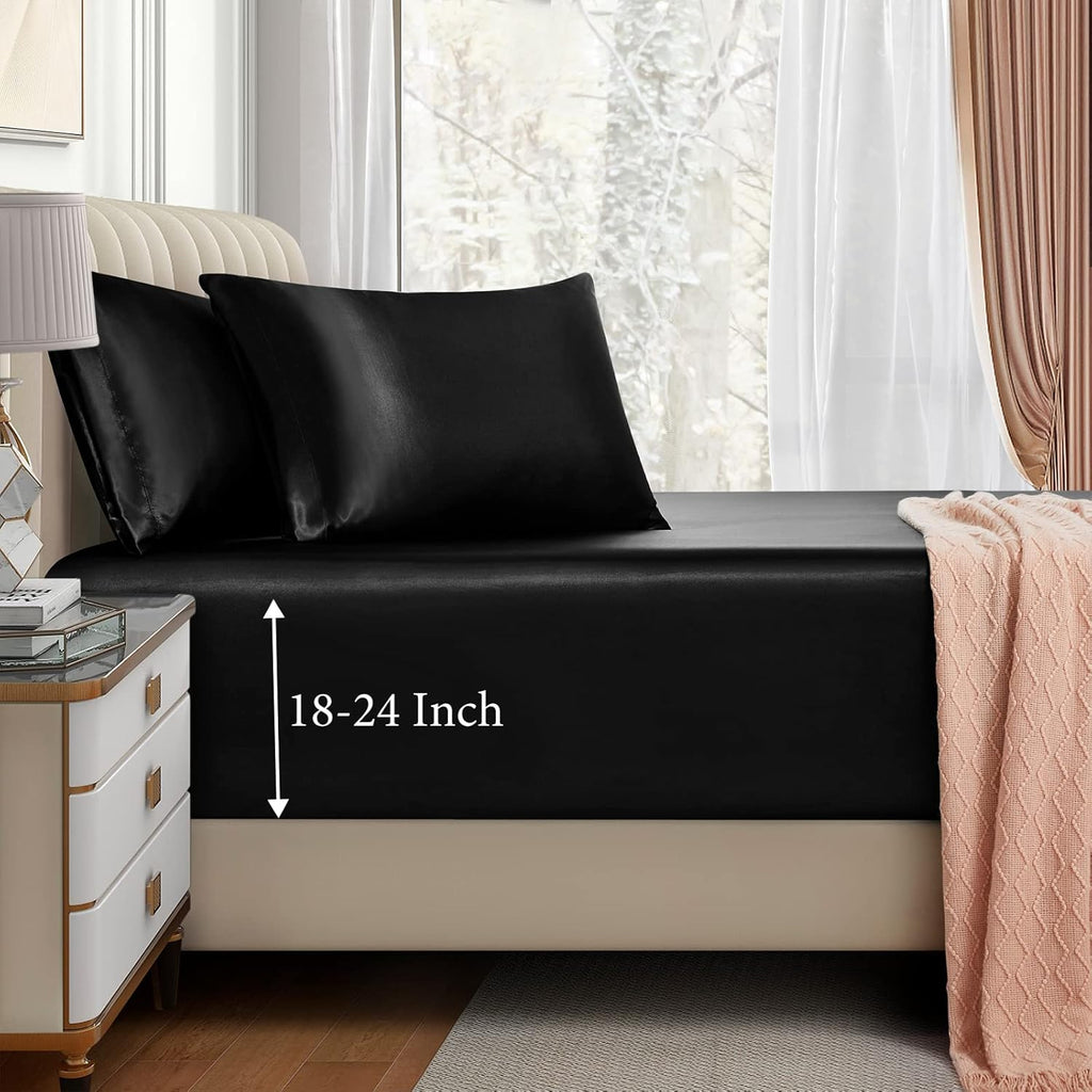 3pcs Extra Deep Pocket Satin Fitted Sheet Set King Bed Set, Black Bottom Sheet Fit 18-24 Inch Deep Pocket Mattress