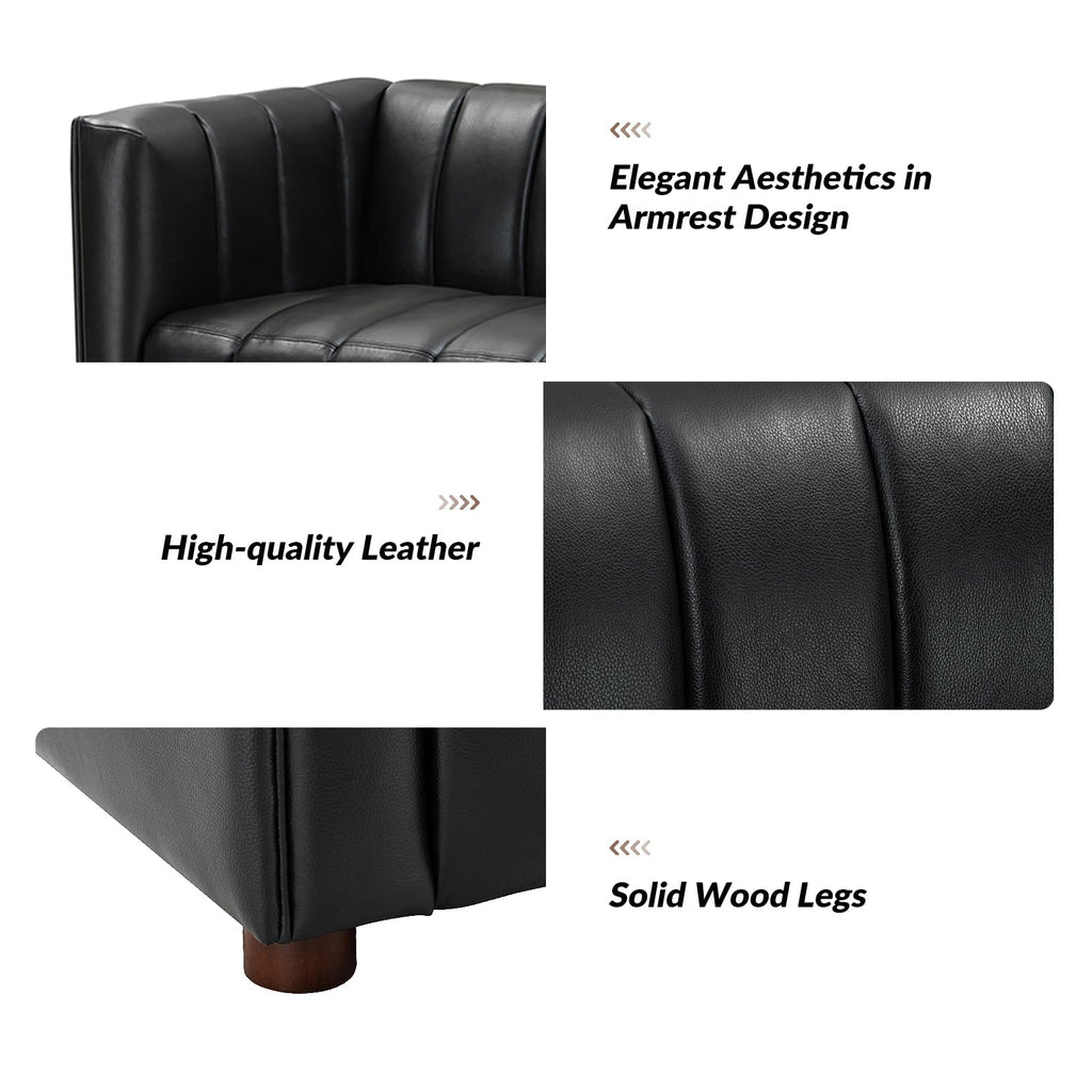 83" Genuine Leather Sofa with Channel Tufted Design, Black
