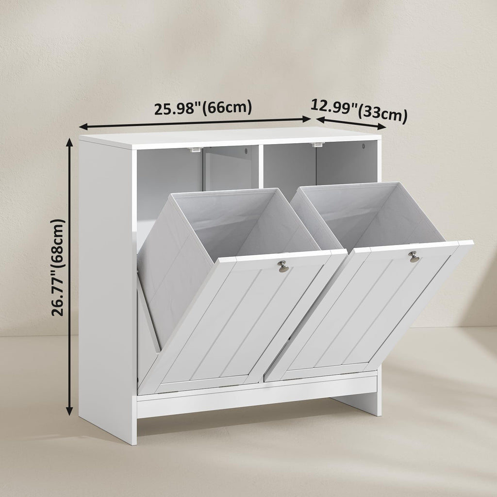 Double Tilt Out Laundry Hamper Cabinet, 11.8 Gallon Hidden Trash Cabinets with 2 Baskets, Freestanding Small