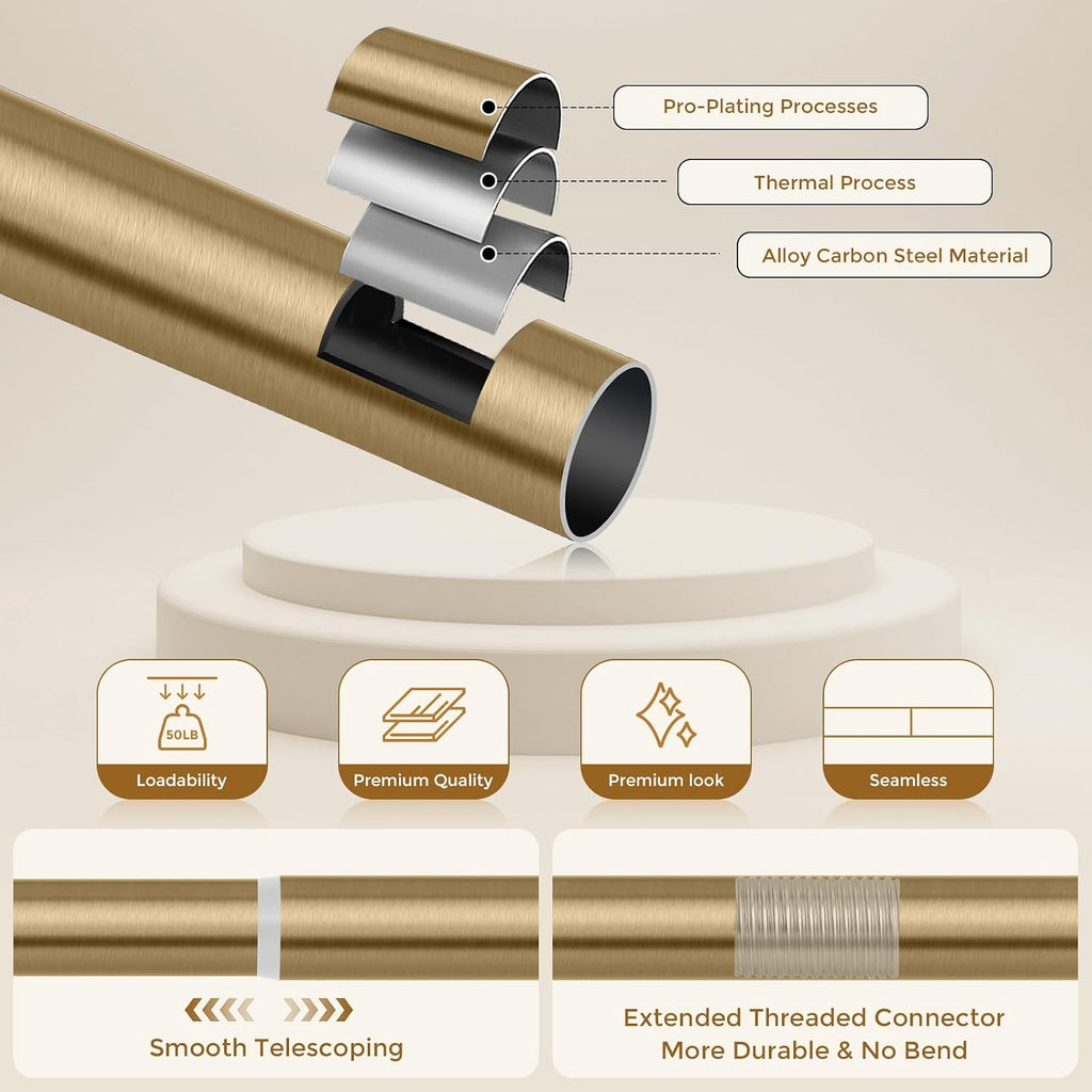 Brass Gold Curtain Rod 34 to 92 Inch, Brushed Warm Gold 1 Inch Adjustable Heavy Duty Curtain Rods for Windows