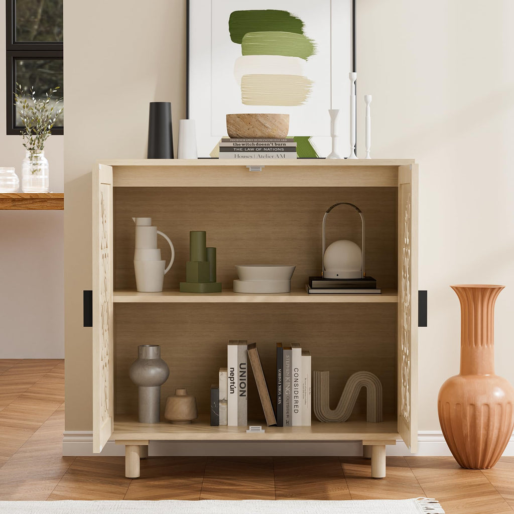 2 Doors Decorative Hollow Carved Storage Cabinet Sideboard, Natural, 1pc.