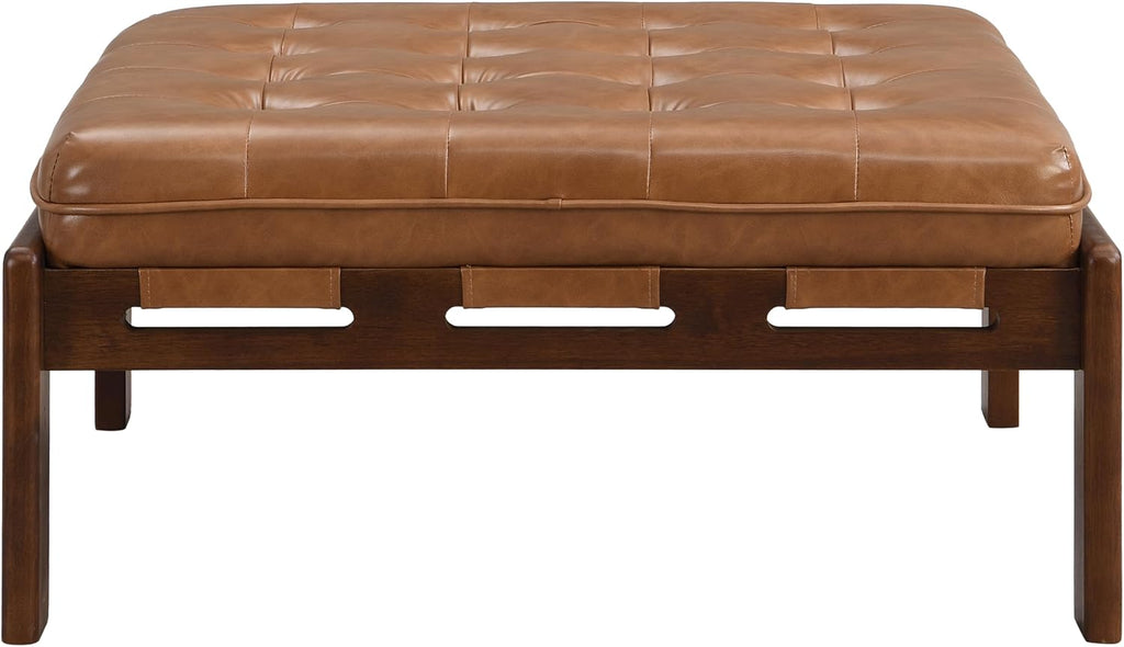 34'' Tufted Upholstered Cocktail Ottoman, Square Leather Ottoman Coffee Table, PU Leather Ottoman ,Brown