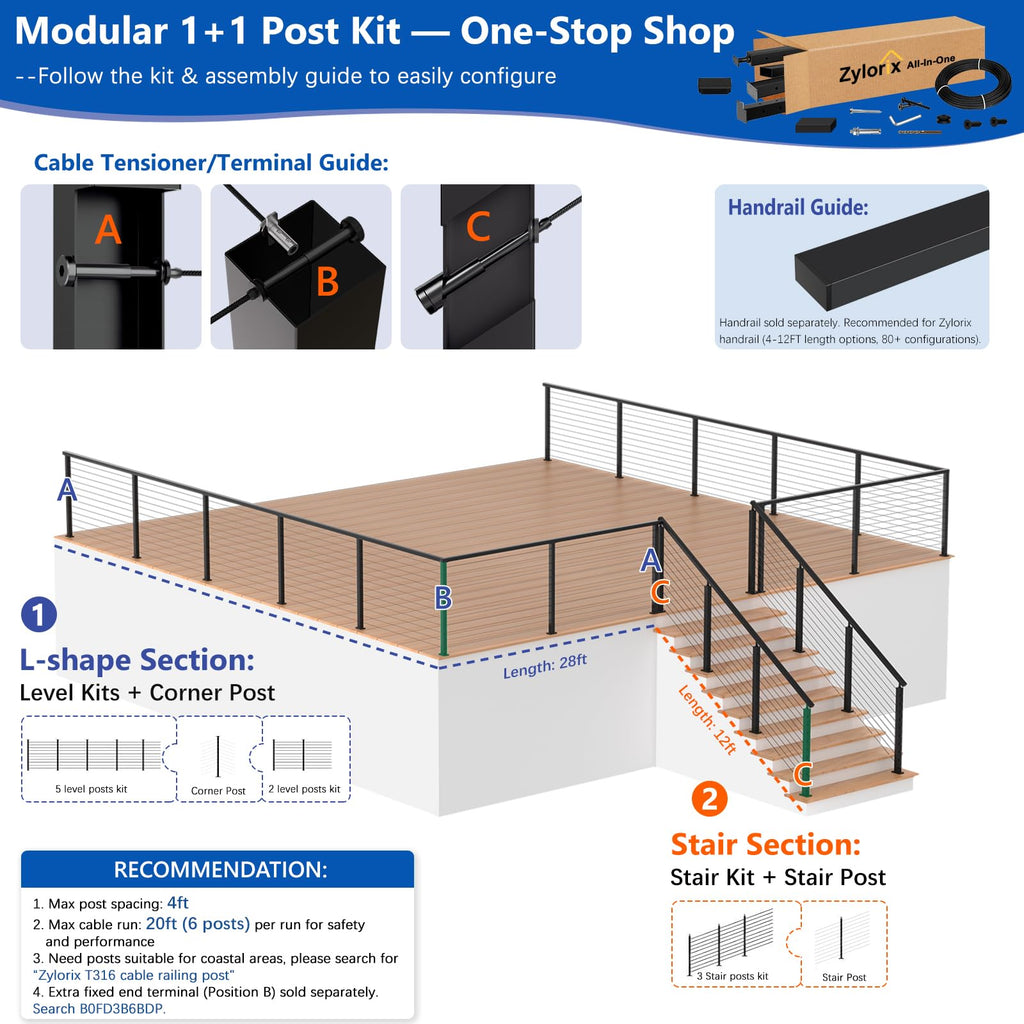 42" Modular Cable Railing Corner Post for Deck Porch, L-drilled