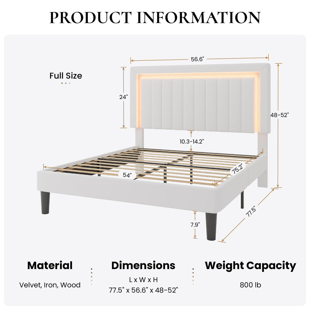 Full Size Velvet Bed Frame with LED Light, White
