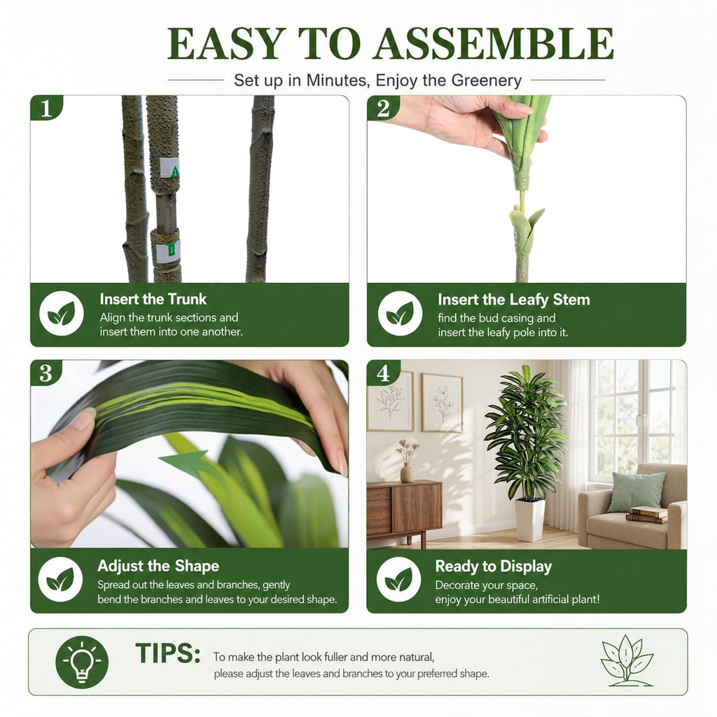 Artificial Dracaena Tree 6FT / White Planter, Tall Plants Indoor