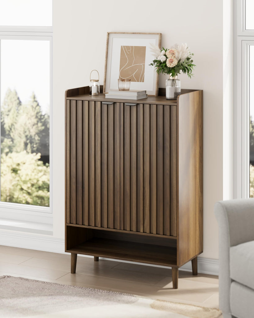 Large 6-Tier Shoe Storage Cabinet with Fluted 2 Doors, 44" Tall Freestanding Entryway Shoe Cabinet with Adjustable