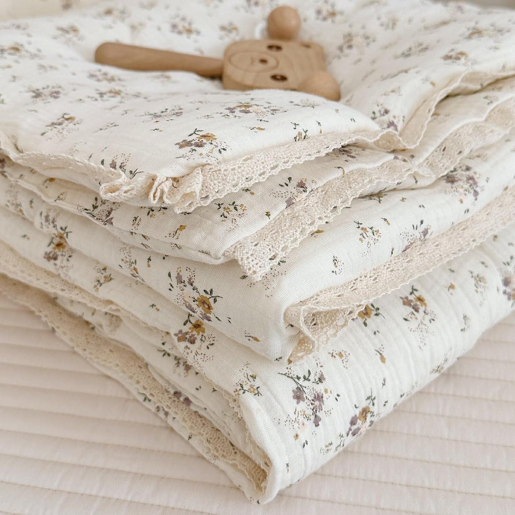 Muslin Baby Quilt for Girls Boys Quilted Blanket 2 Layers Gauze Cotton Baby Blanket Nursery Bed Blanket Shower Gift