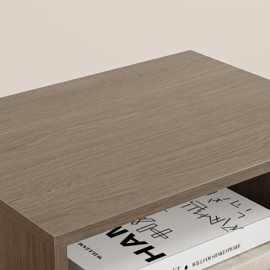 Night Stand, Mid-Century Modern Bedside Table with Storage Drawer and Open Wood Shelf, Small Gold Frame Side Table
