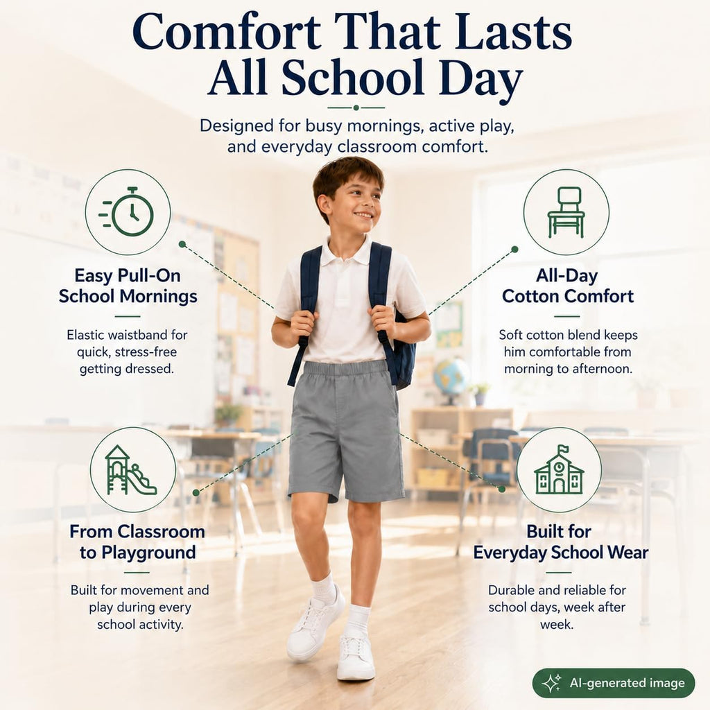 Boys Elastic Waist Shorts: Cotton Casual School Uniform