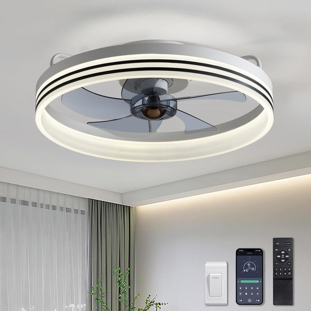 20" Ceiling Fans with Lights, Flush Mount Ceiling Fan with Lights and Remote, 6 Wind Speeds Smart Low Profile Ceiling Fan for Bedroom, Dining Room and Kitchen (White) A101-B0BZPQKYYN