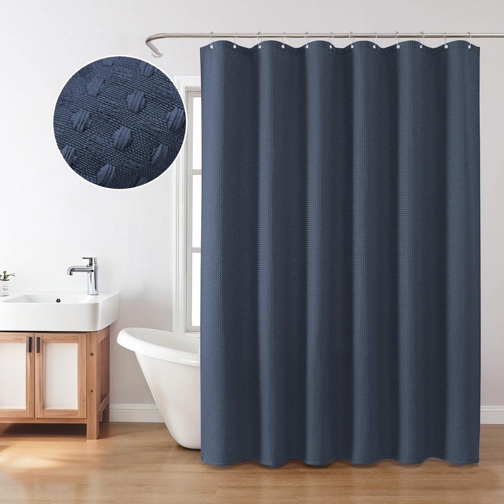 Fabric Shower Curtain, Waffle Weave 230 GSM Polyester, Weighted Hem, Metal Hooks Included, Water Repellent Washable