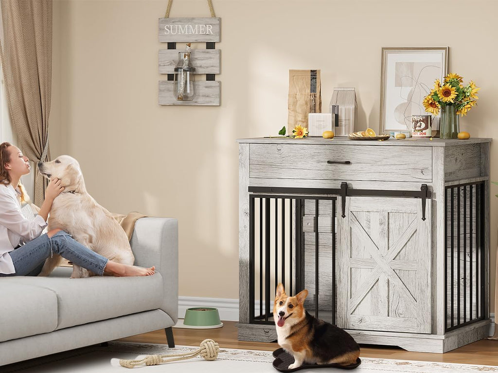Dog Crate Furniture for Dogs, Farmhouse Style 2-in-1 Dog Crate with Sliding Barn Door, Dual