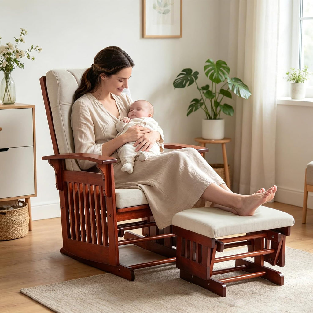 Glider Rocking Chair for the Nursery with Ottoman, 3A Solid Rubberwood Frame, Smooth-Gliding Rocking Chair Easy to