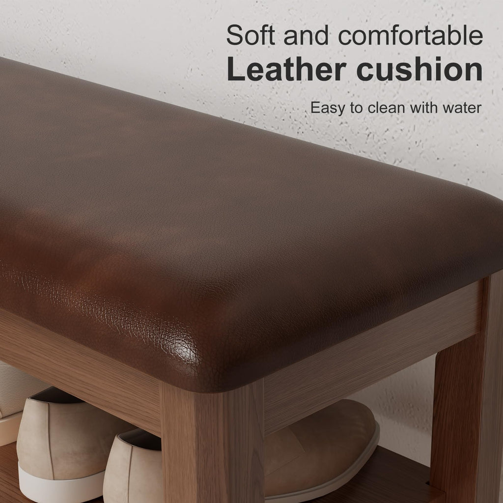 Shoe Bench with Leather Cushion, 3 Tiers Shoe Storage Bench Height Adjustable, Walnut Wood Entryway Bench, Mudroom
