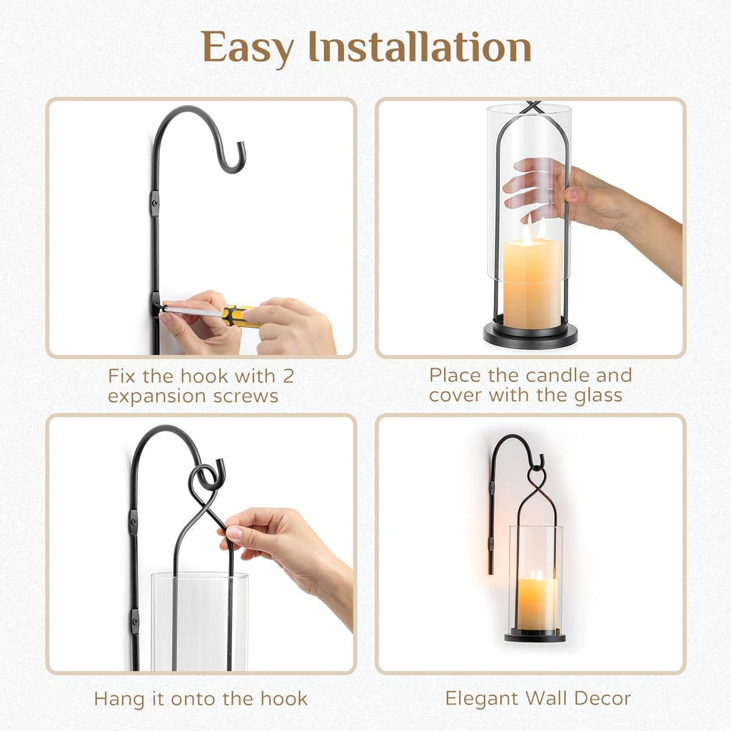 Black Candle Sconces Set of 2, with Hurricane Glass