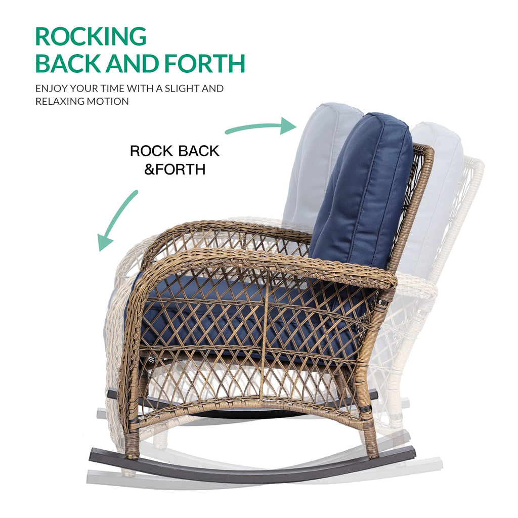 Outdoor Wicker Rocking Chair, Patio Rattan Rocker Chair with Cushions & Steel Frame, All-Weather Rocking Lawn Wicker