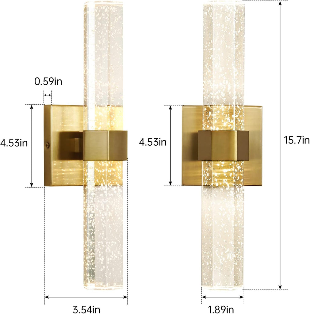 Gold Wall Sconces Set of Two - Bathroom Sconces Wall Lighting 14W Dimmable LED Crystal Wall Light with Bubble Glass