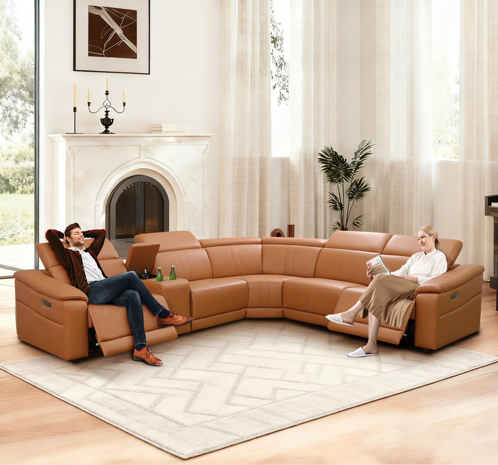 Power Recliner Sectional Sofa, Power Leather Corner Sectional Couch with Dual Recliners, 5-Seater L Shaped Couch