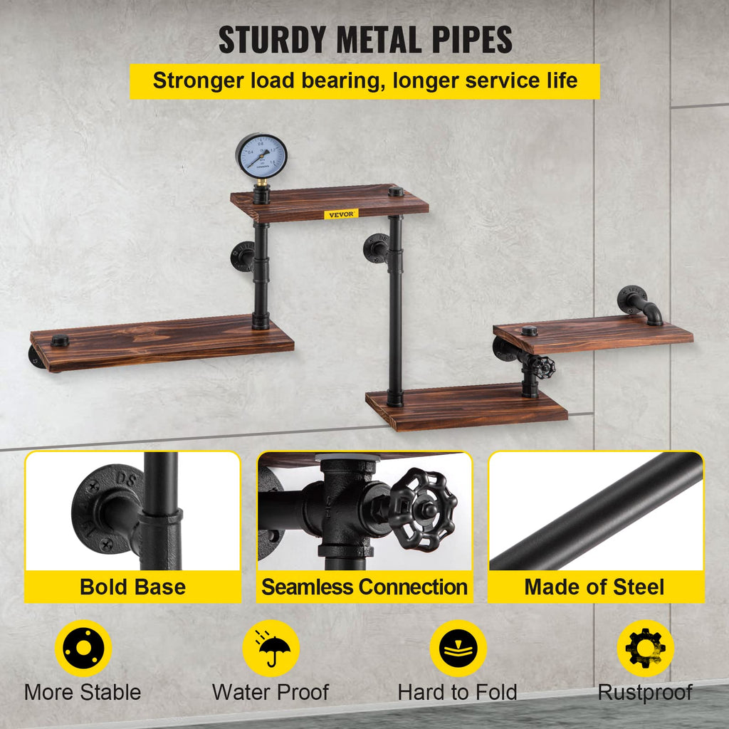 Industrial Pipe Shelving, Pipe Shelves with 4-Tier Wood Planks, Rustic Floating Shelves Wall Mounted, Wall Shelf DIY